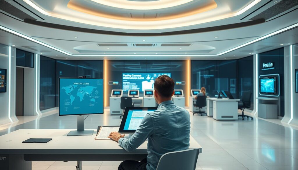 A well-lit, futuristic government office interior, with a sleek, minimalist design. In the foreground, a person sits at a desk, filling out a digital application form on a high-resolution touchscreen display. The desk is equipped with advanced biometric scanners and a state-of-the-art laser printer, ready to produce a crisp, detailed driving license document. In the background, a bank of high-tech terminals and holographic interfaces suggest a seamless, efficient registration process. The overall atmosphere conveys a sense of modernity, security, and convenience, reflecting the advanced, technology-driven nature of the driving license application in Europe.