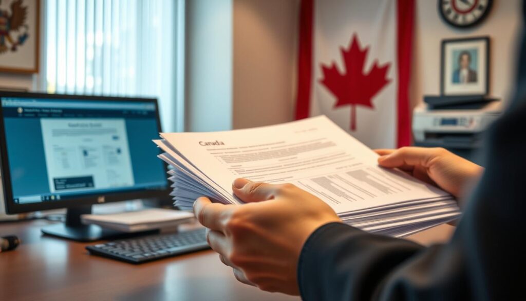 A well-lit office setting, a desk with a modern computer and printer, a stack of official-looking documents, and a Canadian flag prominently displayed. In the foreground, a person's hands meticulously arranging and scanning the documents, using advanced technology like a high-resolution document scanner and laser printer to ensure the accuracy and legibility of the visa application materials. The atmosphere conveys a sense of professionalism, attention to detail, and the importance of the visa application process.