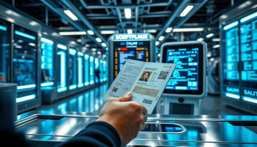 An ultramodern European driving license application process, showcasing a high-tech environment with gleaming metal surfaces, holographic displays, and precision laser printing. In the foreground, a person's hands meticulously handling a passport-like document, the pages illuminated by a cool, blue-tinged lighting. In the middle ground, a sleek, futuristic kiosk or terminal, its interface covered in complex menus and data readouts. The background is a vast, expansive space, filled with the hum of machinery and the subtle glow of advanced technology, creating a sense of efficiency and innovation within the European licensing system.