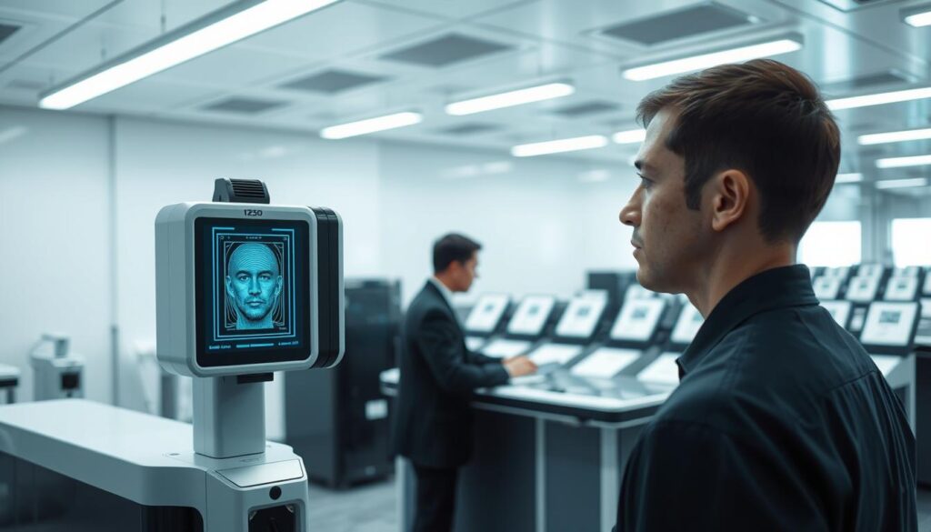 Biometric registration process, a high-tech scene. In the foreground, a person's face is being scanned by a state-of-the-art biometric device, capturing intricate facial features. The middle ground showcases a sleek, futuristic workstation where an operator processes the data, verifying the individual's identity against a secure database. In the background, rows of document printing machines stand ready, their laser-etched output mimicking the precise details of a real passport or ID card. Bright, clinical lighting fills the space, conveying a sense of technological precision and security.