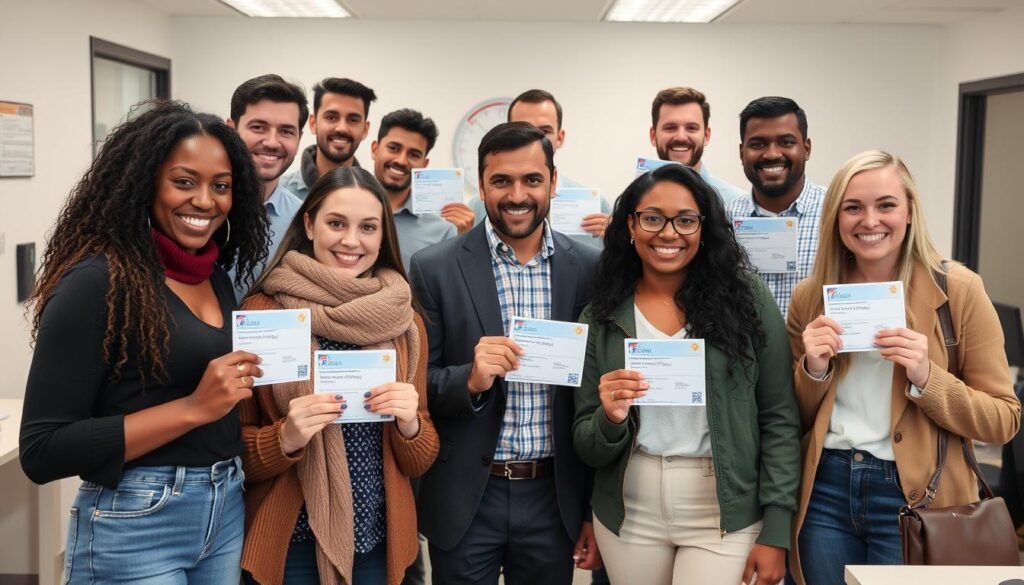 Clientes satisfechos mostrando sus licencias de conducir obtenidas a través de Smart Documents Empire