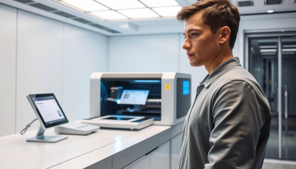 Country-specific ID replacement procedures shown in a high-tech, futuristic setting. Sleek, minimalist government office with state-of-the-art equipment. A laser printer rapidly etching personal details onto a blank ID document. Bright, clinical lighting illuminates the scene, creating an atmosphere of efficiency and precision. The ID holder stands patiently, their face partially obscured, as the process unfolds. Smooth, metallic surfaces and digital displays convey a sense of advanced technology at work. The overall impression is one of a streamlined, technologically-advanced system for replacing lost or damaged identification.