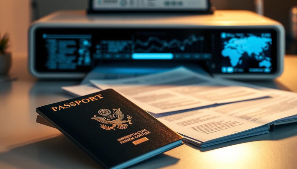Detailed legal documents for immigration processing, neatly arranged on a sleek, modern desk. In the foreground, a biometric passport and ID card, their pages open to reveal intricate patterns and hidden security features, illuminated by soft, directional lighting. In the middle ground, a stack of application forms and supporting documents, their crisp edges and laser-printed text conveying a sense of precision and technology. In the background, a high-resolution digital document scanner, its interface glowing with complex data visualizations, symbolizing the sophisticated processing required for these crucial immigration records.