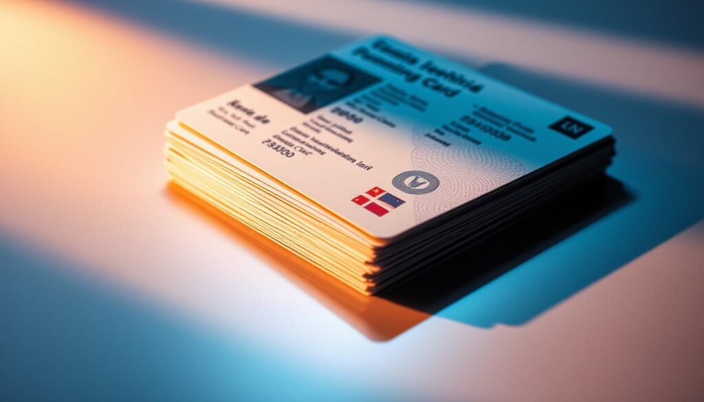 European identity cards in a high-tech, minimalist design. A stack of official-looking documents with intricate patterns and microprinting, illuminated by a warm, directional light. The cards lay on a sleek, reflective surface, casting subtle shadows. The overall atmosphere is one of precision, security, and technological sophistication, befitting the importance of these personal identification documents.