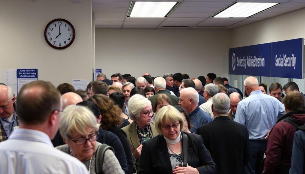 Frustrated person waiting in long line at Social Security office