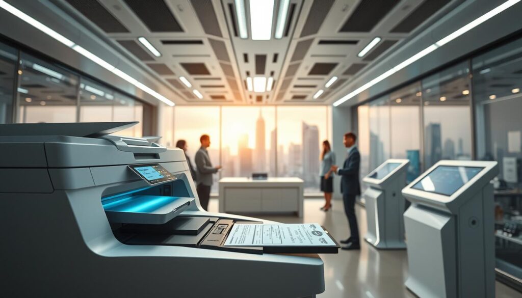 High-tech and modern online birth certificate service with sleek user interface. A futuristic office setting showcasing advanced document printing technology, laser-etched identity cards, and a professional staff attending to customers. Bright, clean lighting illuminates the interior, conveying a sense of efficiency and reliability. In the foreground, a state-of-the-art document printer effortlessly producing personalized birth certificates. The middle ground features a welcoming reception area with touchscreen kiosks, while the background depicts a skyline of a thriving metropolis, symbolizing the service's widespread availability. An atmosphere of innovation, trust, and customer-centric service permeates the scene.
