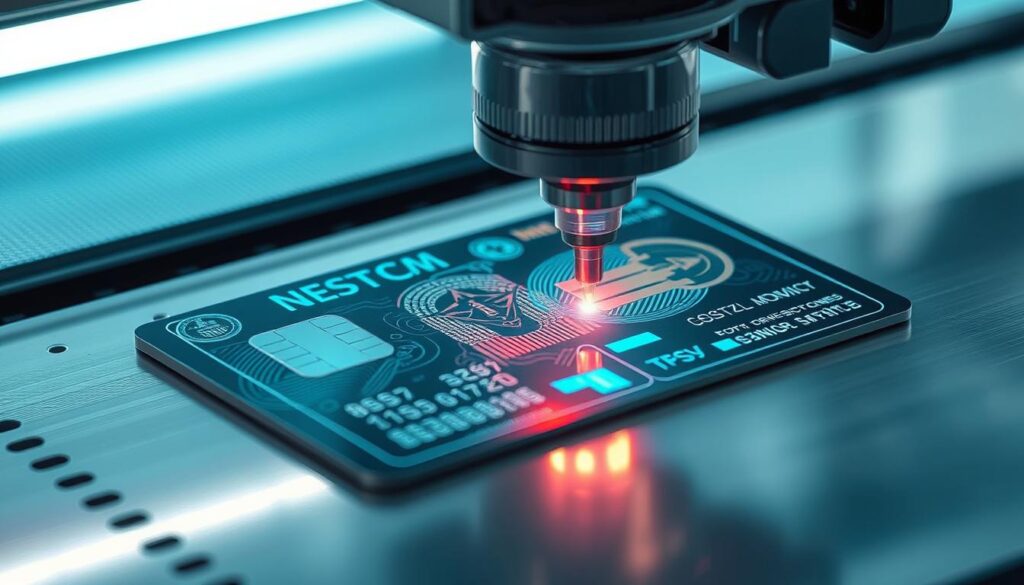 Imposing futuristic security features on a meticulously detailed identity document. A high-tech machine laser printing intricate patterns and holograms onto the surface, imbuing the card with an aura of sophistication and technological prowess. Bright, directional lighting accentuates the crisp edges and gleaming metallic accents, while a cool, muted color palette evokes a sense of institutional authority. The overall effect is one of advanced security, seamlessly blending form and function to create a document that is both visually stunning and rigorously protected.