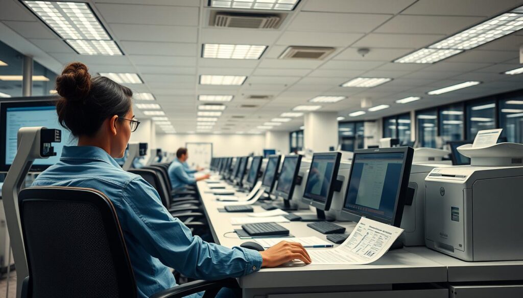 Intricate document processing, a pristine office setting with modern technology. Streamlined workflow, sleek desktop computers and high-resolution laser printers meticulously crafting official birth certificate applications. A professional atmosphere, crisp lighting, and a sense of efficiency permeate the scene. The applicant's personal information is carefully entered into the system, with secure protocols and advanced software managing the sensitive data. The process unfolds with a seamless blend of human expertise and cutting-edge digital solutions, ensuring the birth certificate application is processed with the utmost care and precision.