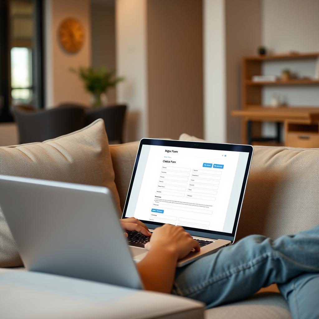 Person comfortably applying for license on laptop at home