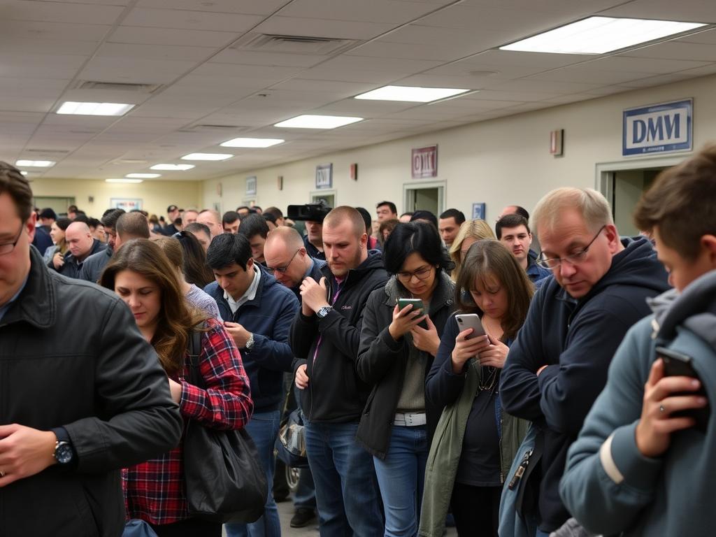 Person waiting in long DMV line to buy state ID card online instead