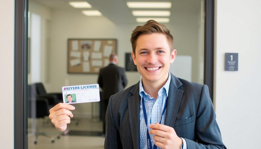 Persona feliz mostrando su nueva licencia de conducir obtenida a través del proceso online