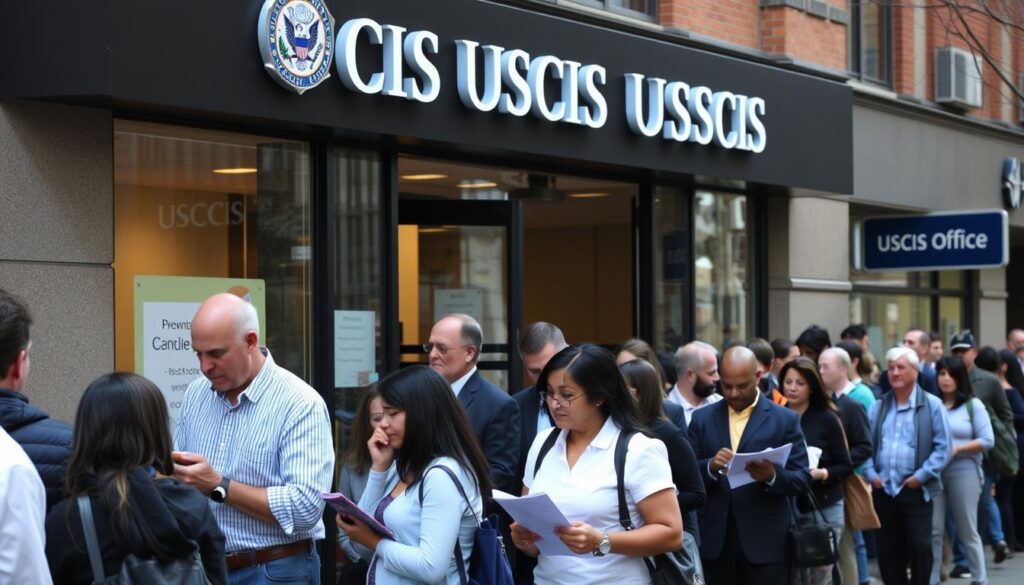 USCIS office with long waiting line of applicants