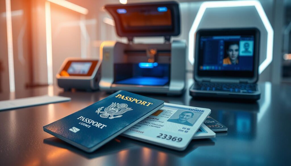 Various types of identification documents neatly arranged on a sleek, modern desk. In the foreground, a high-quality passport and driver's license are showcased under warm, directional lighting, their intricate security features and holographic elements visible. In the middle ground, a state-of-the-art ID card printer and laser engraving machine are depicted, suggesting the advanced technology used to produce these documents. The background subtly depicts a futuristic, tech-savvy office setting, with clean lines and minimalist design elements. The overall mood is one of precision, security, and the sophisticated nature of modern identification systems.