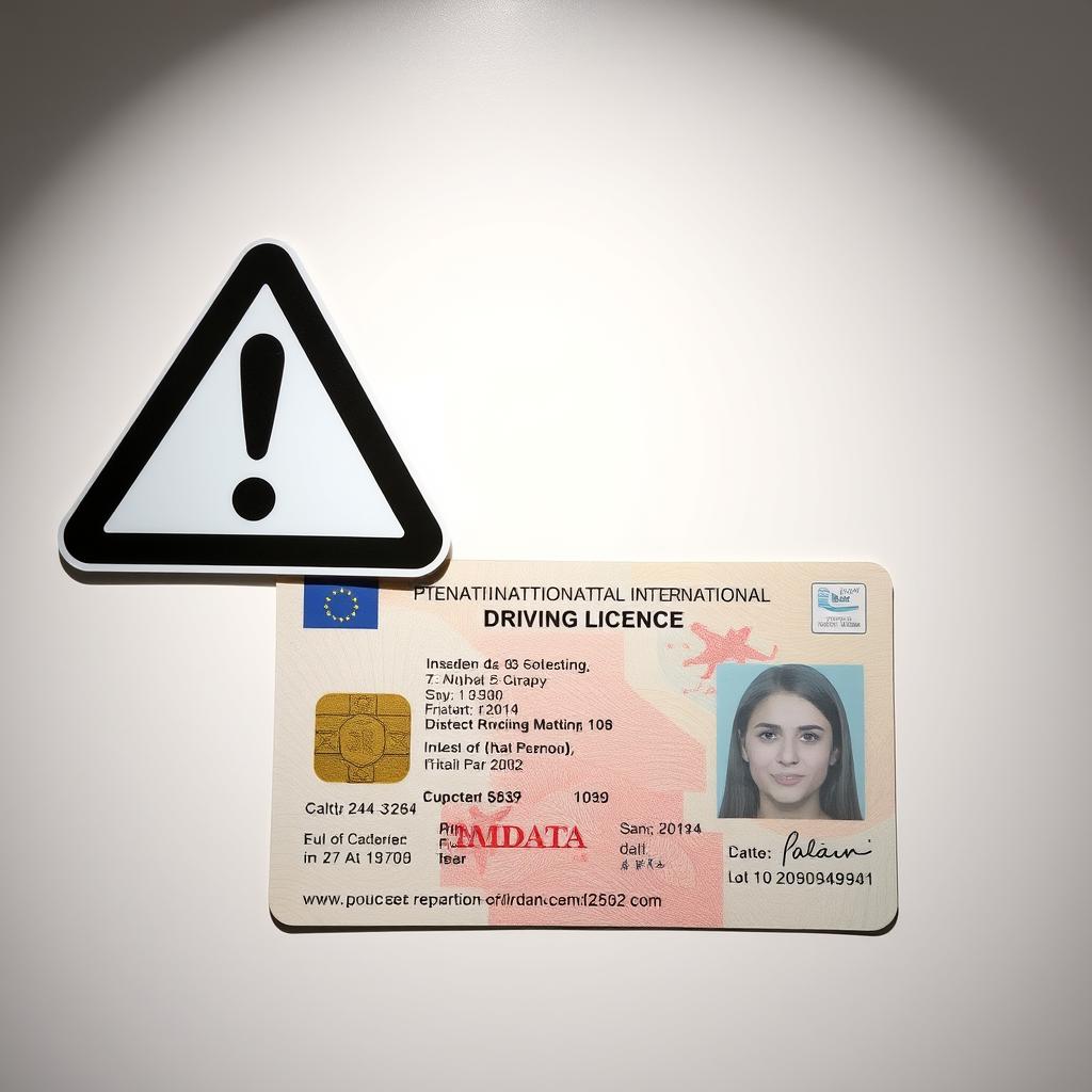 Warning sign with fake international driving license example