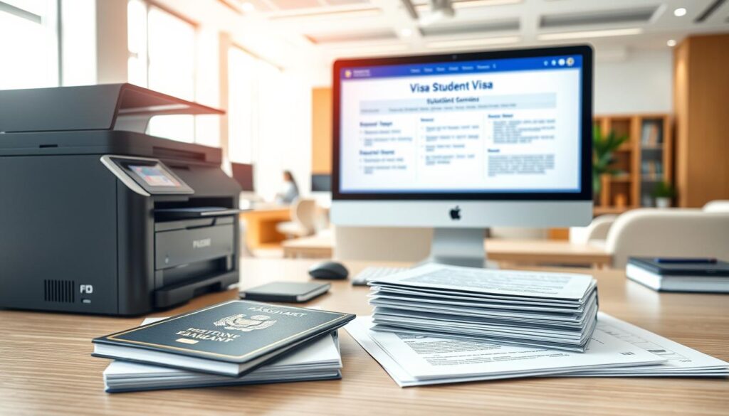 a detailed, photorealistic image of student visa requirements, set in a modern, high-tech administrative office environment. the foreground features a desk with a high-tech laser printer and a stack of official-looking documents, including a passport, visa application form, and other relevant paperwork. the middle ground shows a computer monitor displaying visa application information and requirements, with sleek, minimalist design. the background features a clean, well-lit office space with modern furniture and decor, conveying a sense of efficiency and professionalism. the lighting is bright and natural, creating a crisp, polished atmosphere. the overall scene should feel authoritative, informative, and technologically advanced, reflecting the importance and complexity of the student visa process.