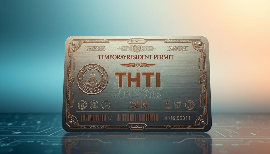 a high-tech document with a sleek, metallic appearance, backlit by soft, indirect lighting to create an elegant, modern atmosphere. The temporary resident permit is displayed prominently in the center, featuring intricate patterns, security seals, and a sophisticated, embossed design. The background is a gradient of cool, neutral tones, with subtle hints of technology such as circuit board traces or digital data visualizations, creating a sense of innovation and sophistication. The composition is balanced and symmetrical, with the permit occupying the majority of the frame, creating a sense of importance and emphasis.