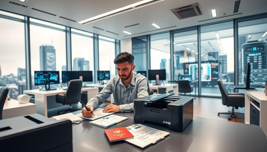 a high-tech office interior with sleek, modern furniture and state-of-the-art computer equipment. in the foreground, a person sits at a desk, intently focused on an electronic tablet as they navigate an online application process. the desktop is adorned with various official-looking documents, including a passport and ID card, which are being processed through a high-speed laser printer. the lighting is bright and evenly distributed, creating a sense of efficiency and professionalism. the background features floor-to-ceiling windows overlooking a bustling cityscape, conveying a sense of connectivity and accessibility. the overall atmosphere is one of technological sophistication and seamless integration, reflecting the simple and efficient nature of the application process. a high-tech office interior with sleek, modern furniture and state-of-the-art computer equipment. in the foreground, a person sits at a desk, intently focused on an electronic tablet as they navigate an online application process. the desktop is adorned with various official-looking documents, including a passport and ID card, which are being processed through a high-speed laser printer. the lighting is bright and evenly distributed, creating a sense of efficiency and professionalism. the background features floor-to-ceiling windows overlooking a bustling cityscape, conveying a sense of connectivity and accessibility. the overall atmosphere is one of technological sophistication and seamless integration, reflecting the simple and efficient nature of the application process.