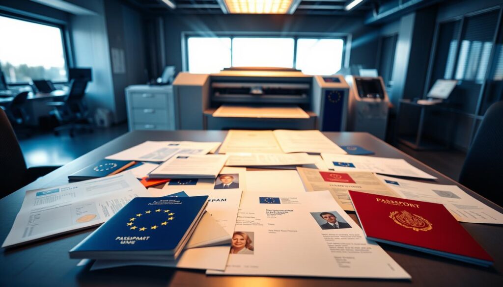 a high-tech office setting with a table displaying various official-looking European Union documents, including passports, ID cards, and other administrative forms. The documents are illuminated by a soft, warm lighting that creates a sense of professionalism and authority. In the background, a state-of-the-art laser printer is depicted, with beams of light emanating from it, suggesting the advanced technology used to produce these official documents. The overall atmosphere conveys a sense of efficiency, attention to detail, and the importance of these EU-issued documents.