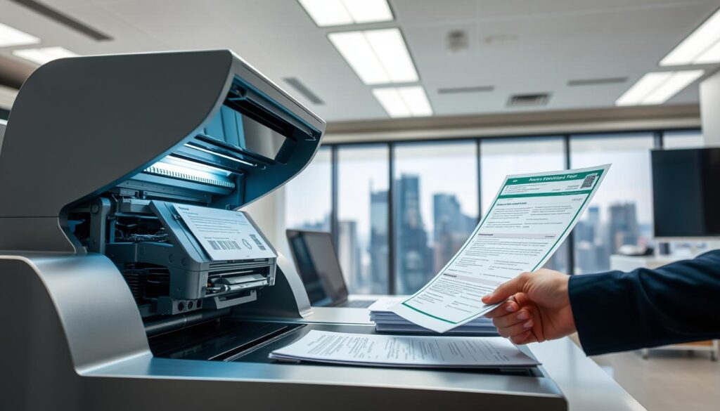 a high-tech office with a modern, minimalist design. in the foreground, a person is using a specialized machine to carefully print information onto a document, likely a green card application. the machine has a sleek, metallic exterior and intricate internal components visible. the lighting is bright and evenly diffused, creating a clean, professional atmosphere. in the middle ground, a stack of documents and folders sit neatly on a desk, indicating the organized workflow. the background features a large window overlooking a bustling city skyline, symbolizing the global nature of the green card process. the overall scene conveys a sense of efficiency, precision, and technology-driven immigration services.