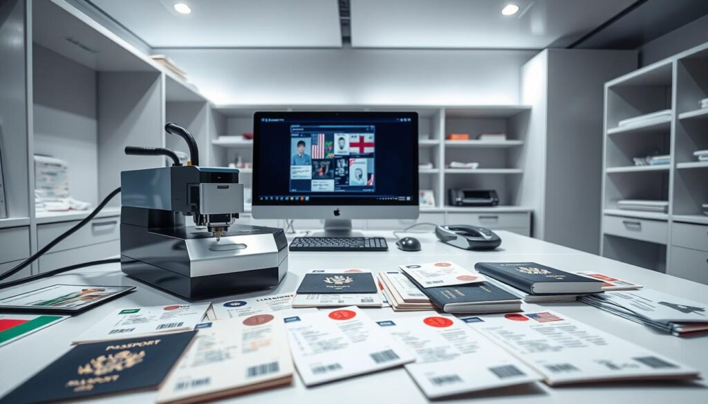 a high-tech workspace with a sleek, modern aesthetic. in the foreground, a laser printer precisely etching details onto various travel documents, including passports, id cards, and boarding passes. the documents are arranged neatly, with a sense of organization and efficiency. in the middle ground, a computer monitor displays digital versions of the travel documents, highlighting the integration of digital and physical components. the background features clean, minimalist shelving and storage solutions, conveying a sense of professionalism and attention to detail. the lighting is bright and directional, creating dramatic shadows and highlights that accentuate the technological elements. the overall atmosphere is one of streamlined, high-quality travel document assistance, ready to facilitate smooth European adventures.