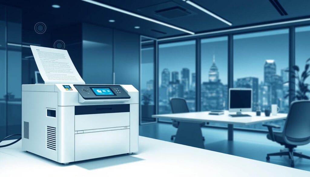 a highly detailed and technical illustration of data protection measures, showing a sleek, modern office environment with a focus on secure document processing. in the foreground, a high-tech laser printer or document scanner is prominently displayed, its advanced features and precise controls visible. the middle ground features a professional-looking desk or workstation, with a laptop, keyboard, and other digital devices arranged neatly. the background showcases a minimalist interior design with clean lines, subtle lighting, and perhaps a window overlooking a bustling cityscape, conveying a sense of technology, innovation, and data security. the overall atmosphere is one of efficiency, precision, and a commitment to protecting sensitive information.