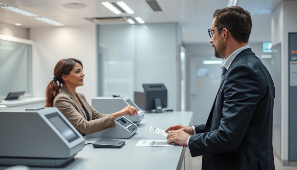 a highly detailed, photorealistic image of a person buying an official identity card from a European country. Show the transaction taking place at a high-tech counter with advanced laser printing and security verification equipment. The person should be dressed professionally, interacting with a government official in a clean, modern administrative office setting. Include subtle hints of the latest security features and technologies used to produce the ID card. Capture the transaction with a wide-angle lens to showcase the scale and sophistication of the process. Convey a sense of confidence, legality, and efficiency in the scene.