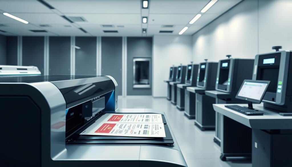 a highly secure document processing facility, with advanced security features. the foreground depicts a high-tech laser printer, meticulously printing sensitive documents like passports and ID cards. the middle ground shows an array of biometric scanners, ensuring robust identity verification. the background features a sleek, minimalist workspace with clean lines and a subtle futuristic aesthetic. the lighting is soft and diffused, creating a sense of professionalism and authority. the overall mood is one of technological sophistication and unwavering data protection.