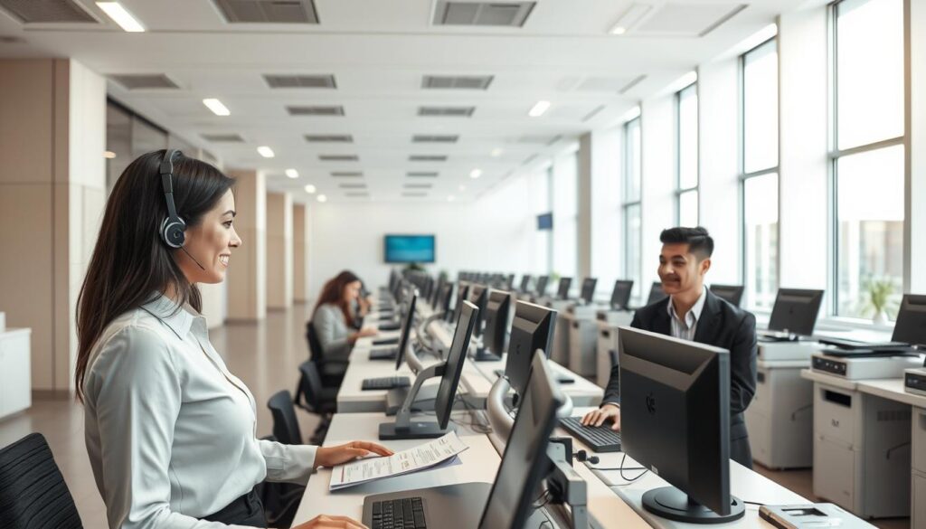 a professional, well-equipped customer support center with sleek, modern workstations and high-tech equipment. In the foreground, a customer service representative is assisting a client, guiding them through the process of registering visa documents. The representative's friendly demeanor and attentive body language convey a sense of professionalism and care. In the middle ground, rows of workstations are lined up, each equipped with high-resolution displays, advanced laser printers, and secure document processing machines. The background features a clean, minimalist design with neutral tones, creating a calming and efficient atmosphere. Bright, overhead lighting illuminates the space, while large windows provide a sense of openness and transparency. The overall scene exudes a high level of technological sophistication and a commitment to delivering comprehensive customer support services.