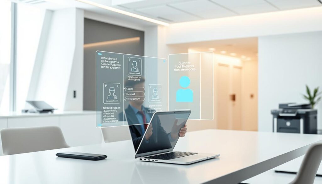 a sleek, modern office with a minimalist desk and laptop, showcasing an intuitive online application process for a passport or ID document. The foreground features a person effortlessly navigating through the digital interface, with a holographic display showcasing the efficient steps involved. The middle ground includes a high-tech printer or document scanner, capturing the seamless integration of technology in the application workflow. The background depicts a clean, well-lit environment with futuristic architectural elements, conveying a sense of efficiency and innovation. The lighting is bright and natural, casting a warm glow over the scene. The overall atmosphere is one of simplicity, convenience, and technological prowess, reflecting the ease of the application process.