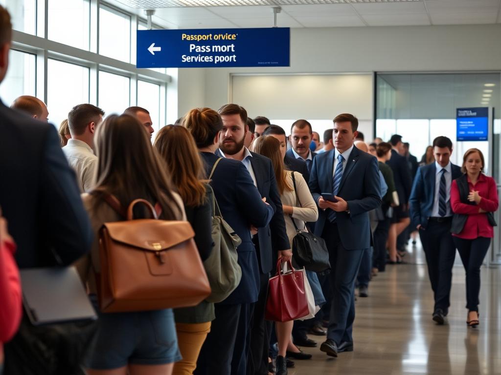 person bypassing long passport office queue using online passport service